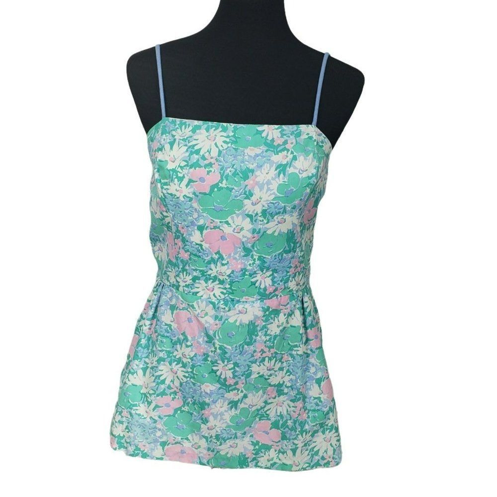 Sea Waves Womens Vintage Mini Summer Dress Blue Floral sz 12 Spaghetti Strap